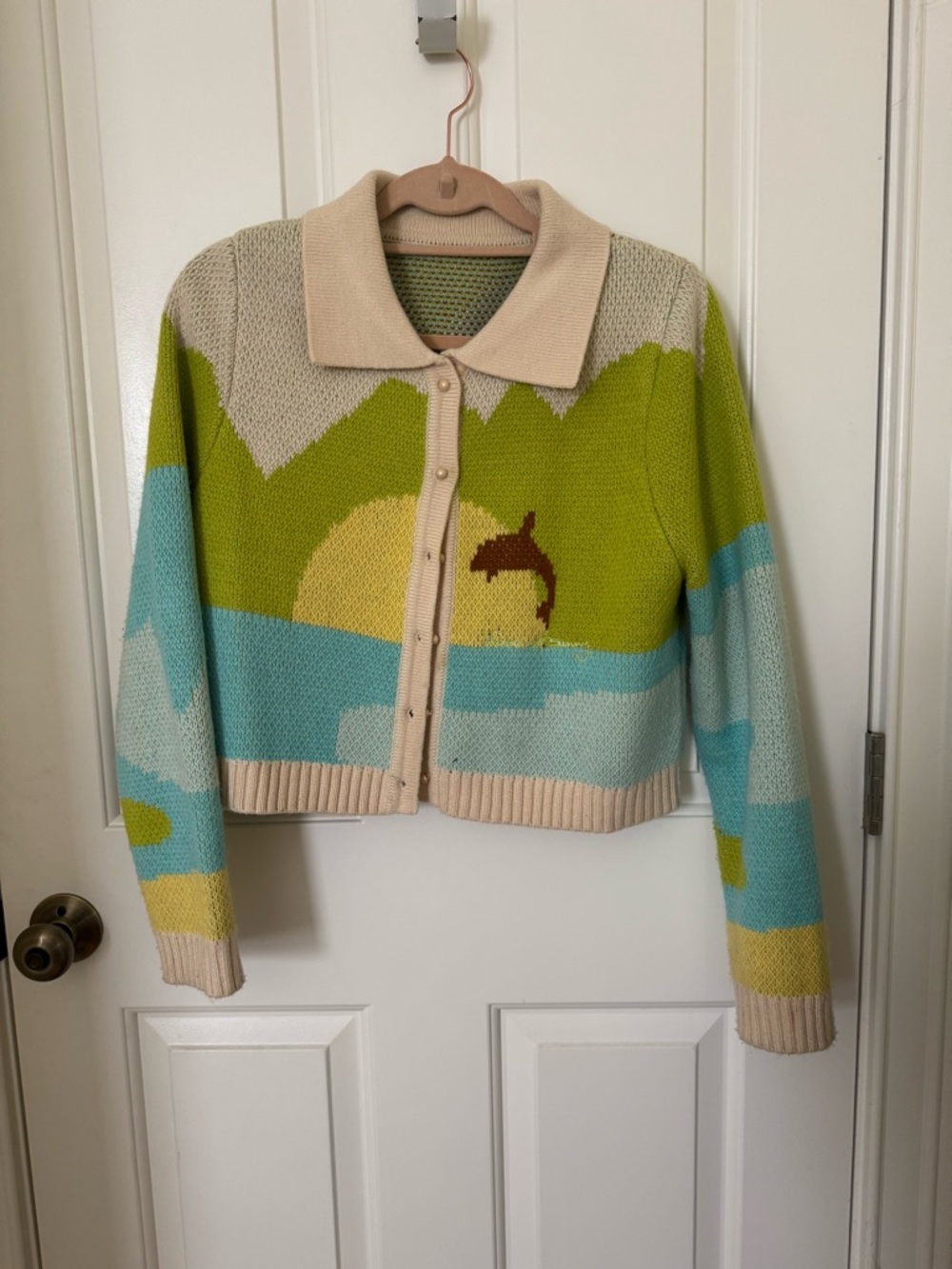 Beige Collared Scenic Knit Cardigan Sweater - Women